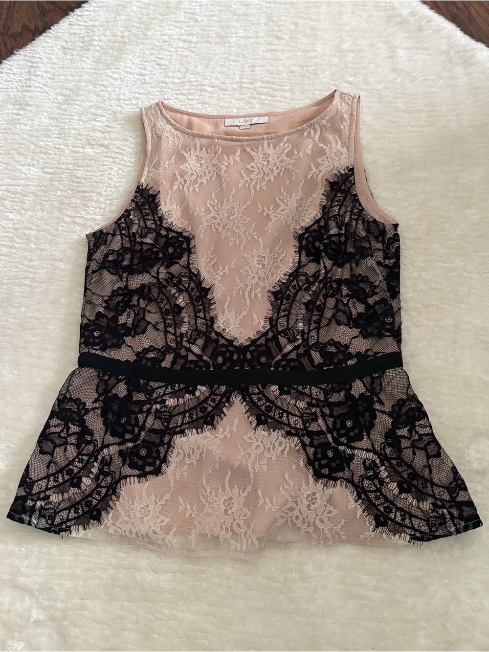 Loft Ivory & Black Lace Sleeveless Top